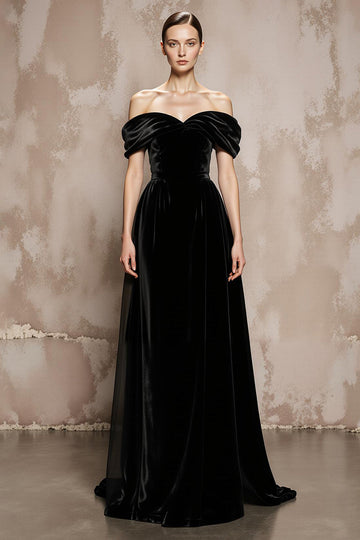 Off the Shoulder A-Line Velvet Black Long Military Ball Dresses